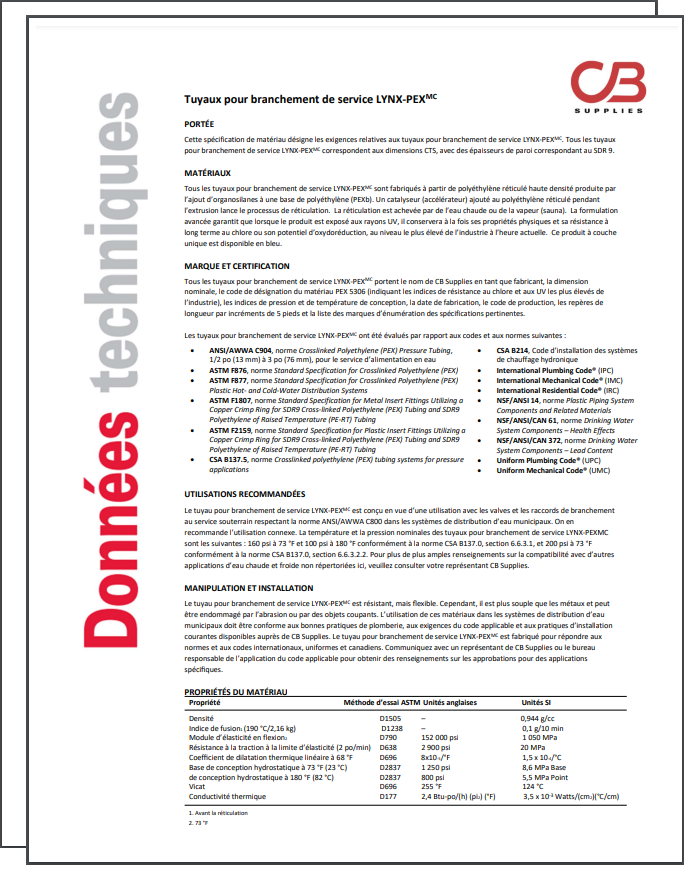 Données techniques Plumbing, HVAC & R, and Hydronic Products